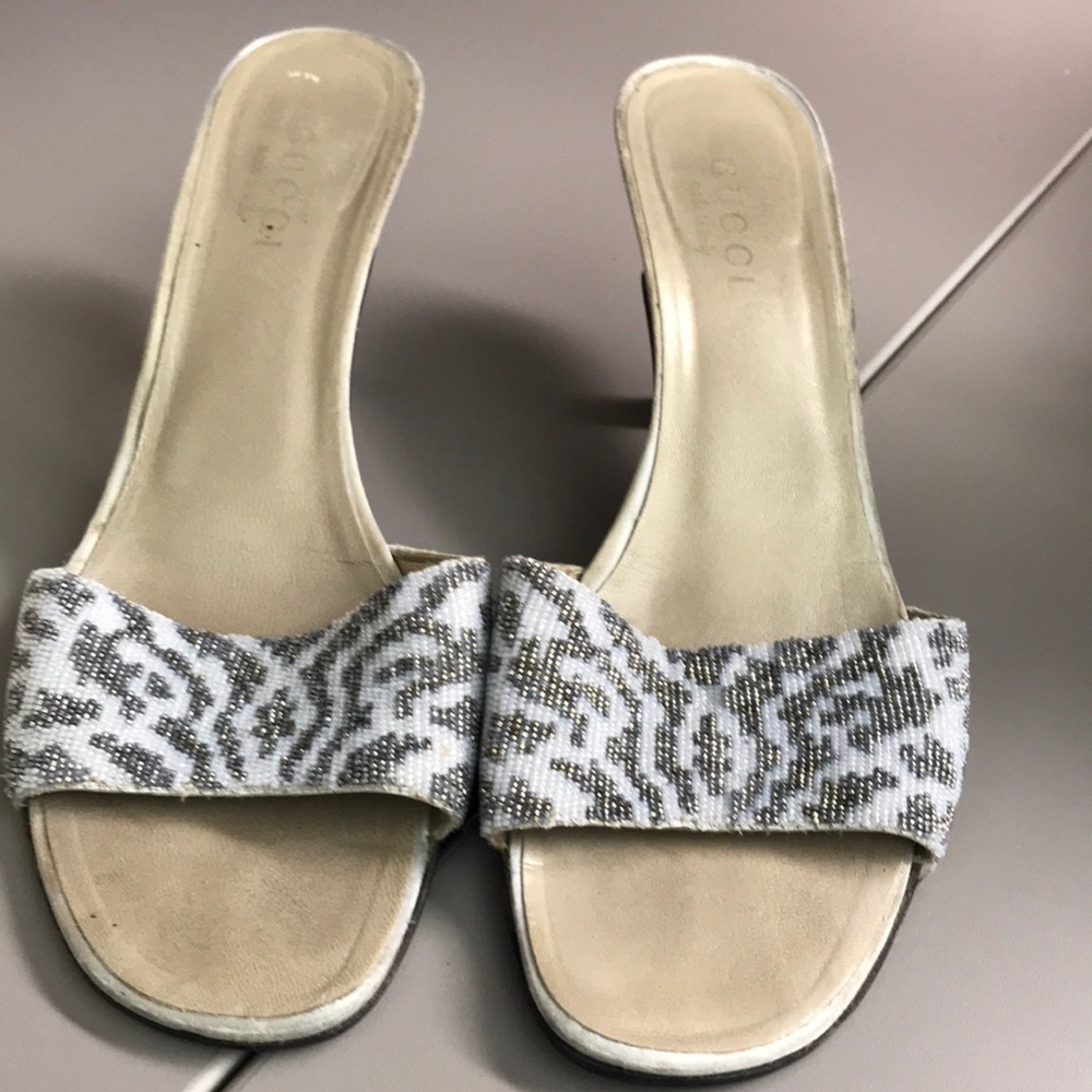 Gucci Beige and Silver Beaded Slide Mules